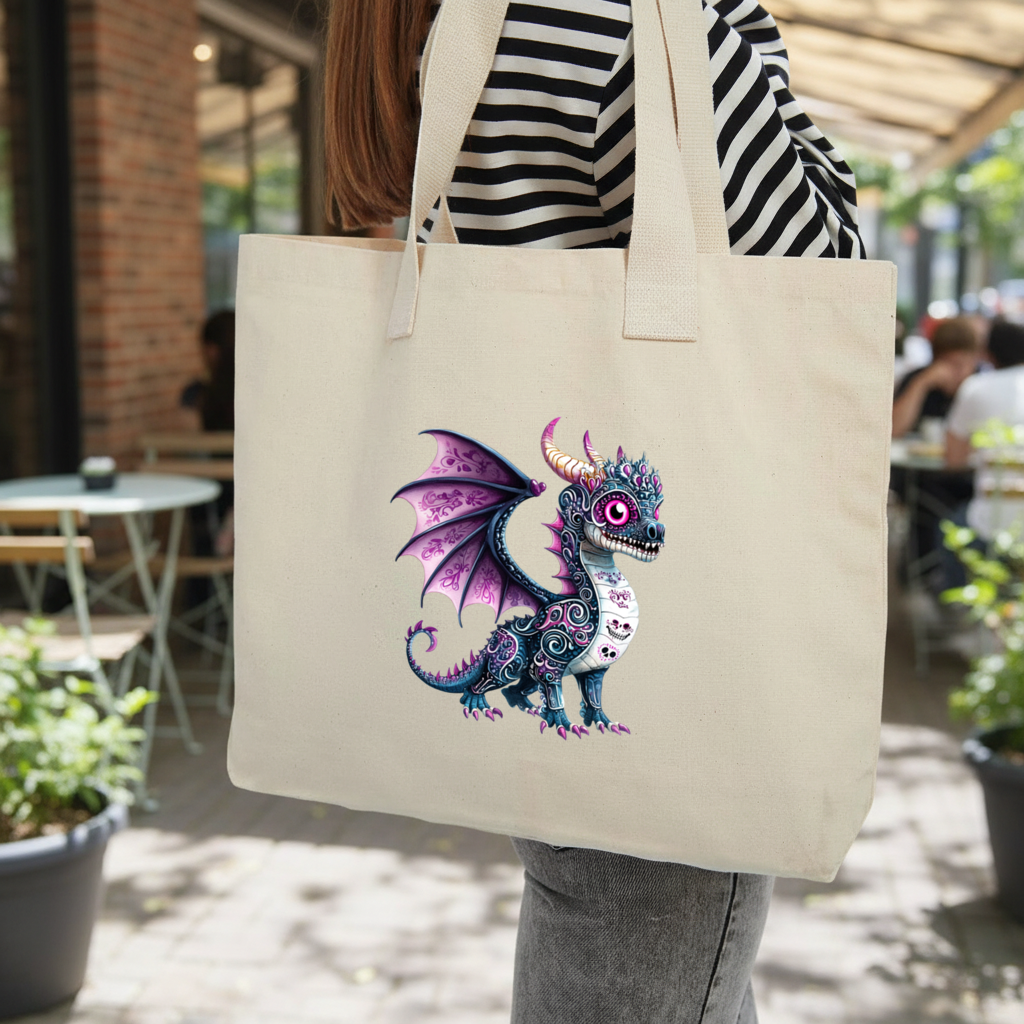 Purple Sugar Skull Dragon Inner Pocket Tote with Webbing Handle