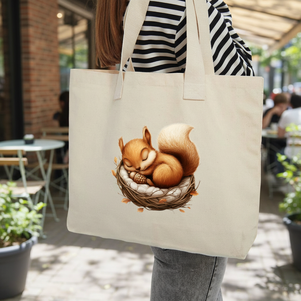 Sleeping Baby Squirrel in Nest Inner Pocket Tote with Webbing Handle