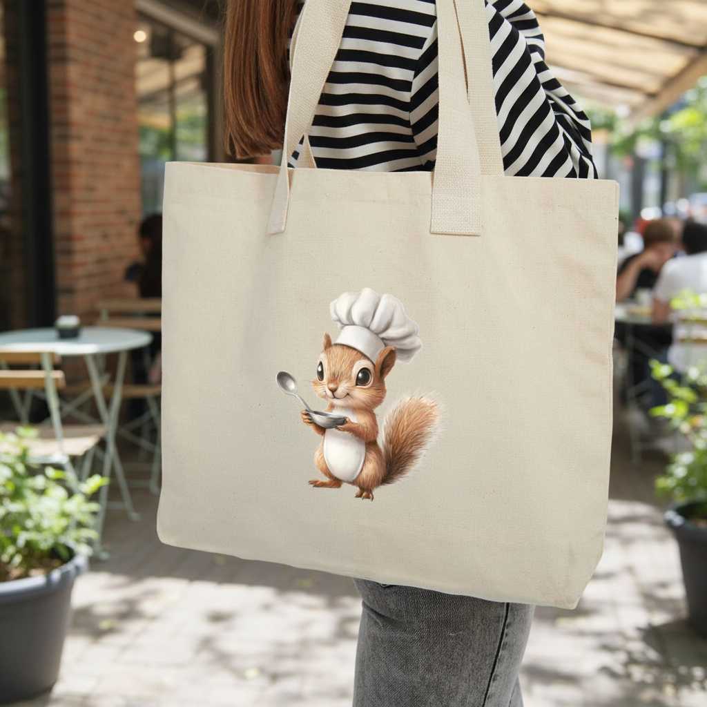 Whimsical Little Chef Squirrel Inner Pocket Tote with Webbing Handle
