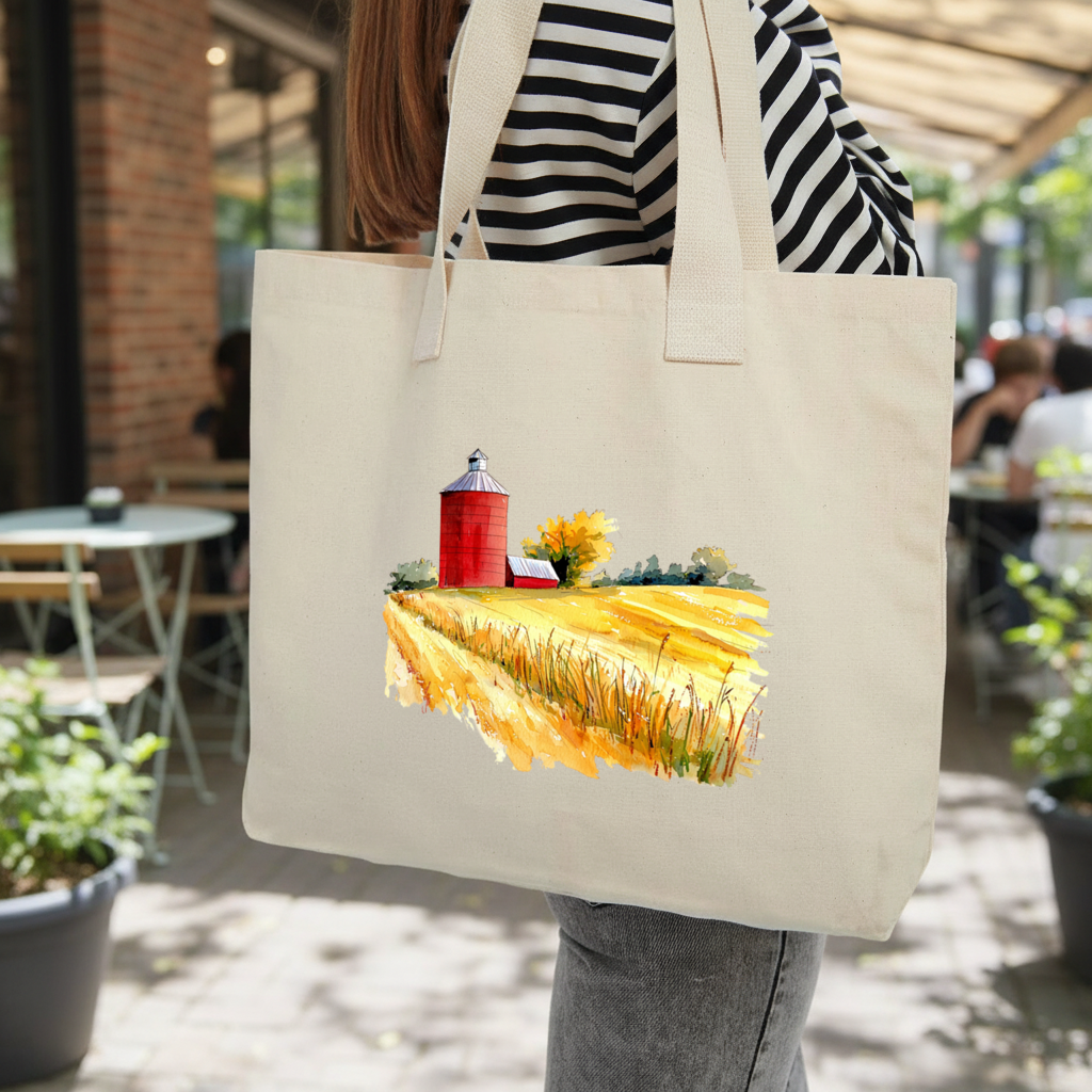 Red Farm Silo and Golden Wheat Field Inner Pocket Tote with Webbing Handle