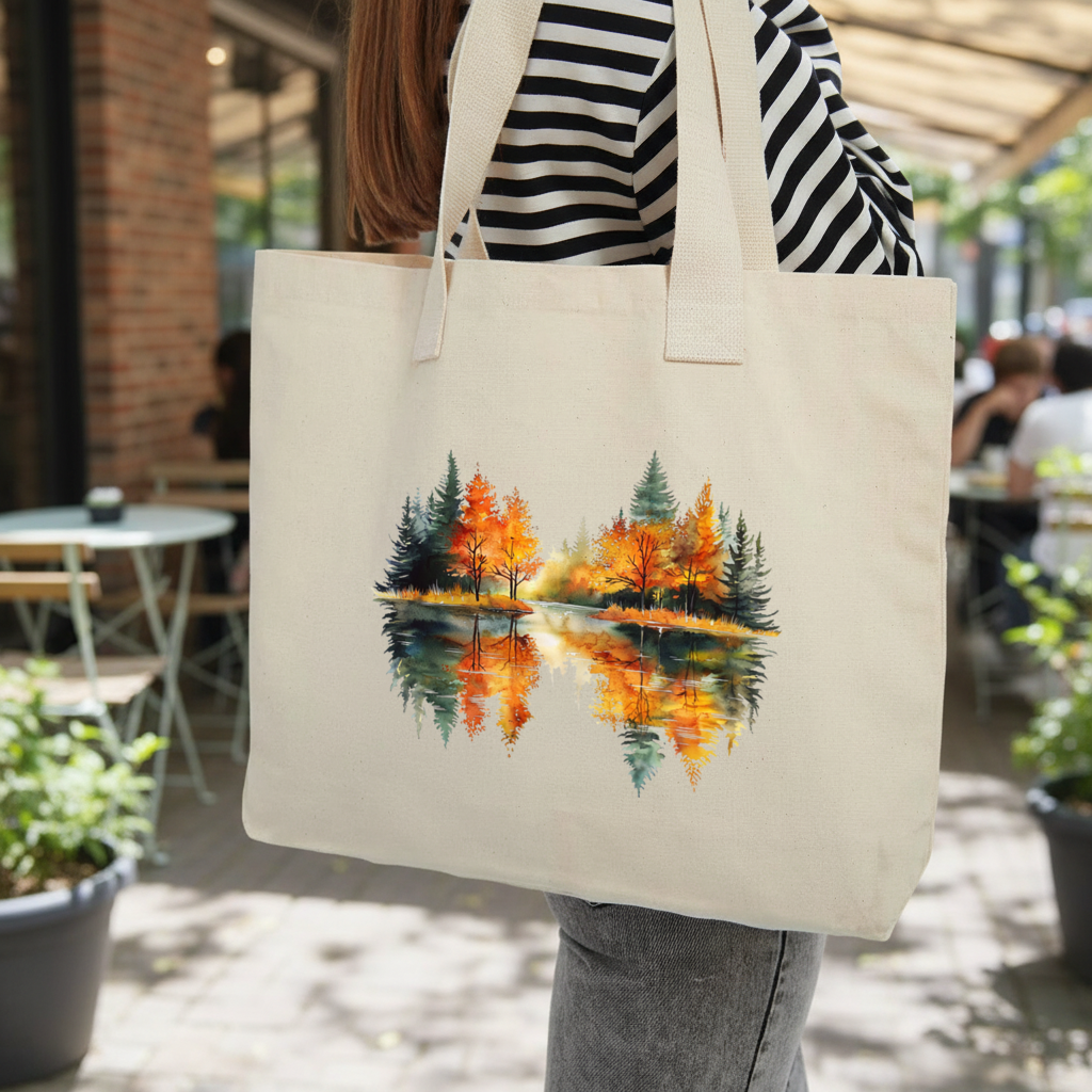 Autumn Forest Lake Reflection Inner Pocket Tote with Webbing Handle