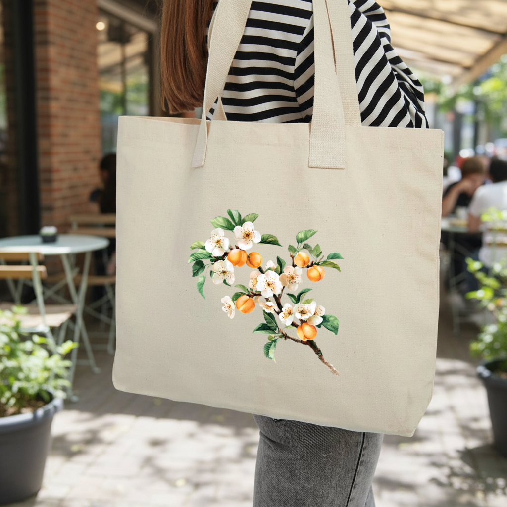Watercolor Apricot Blossom Branch Inner Pocket Tote with Webbing Handle
