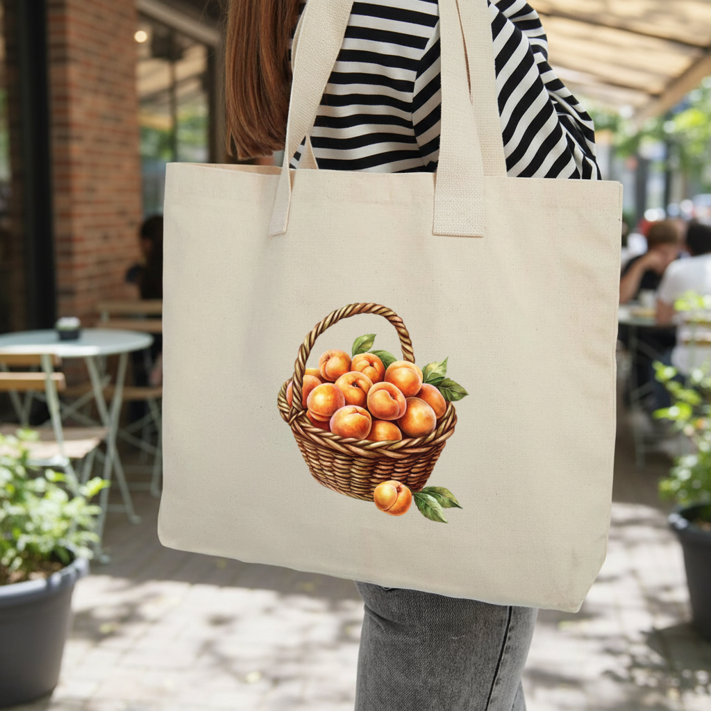 Fresh Peaches in Wicker Basket Inner Pocket Tote with Webbing Handle