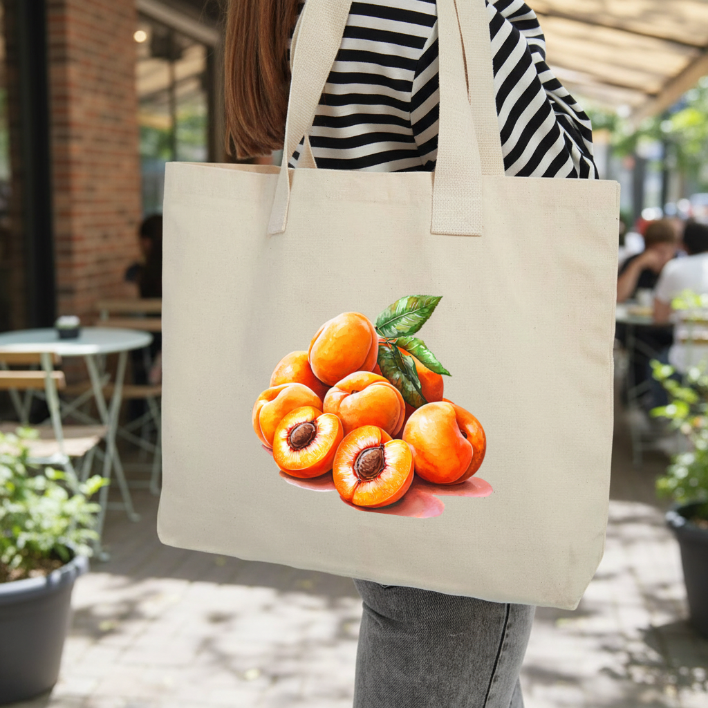 Watercolor Apricot and Leaves Inner Pocket Tote with Webbing Handle