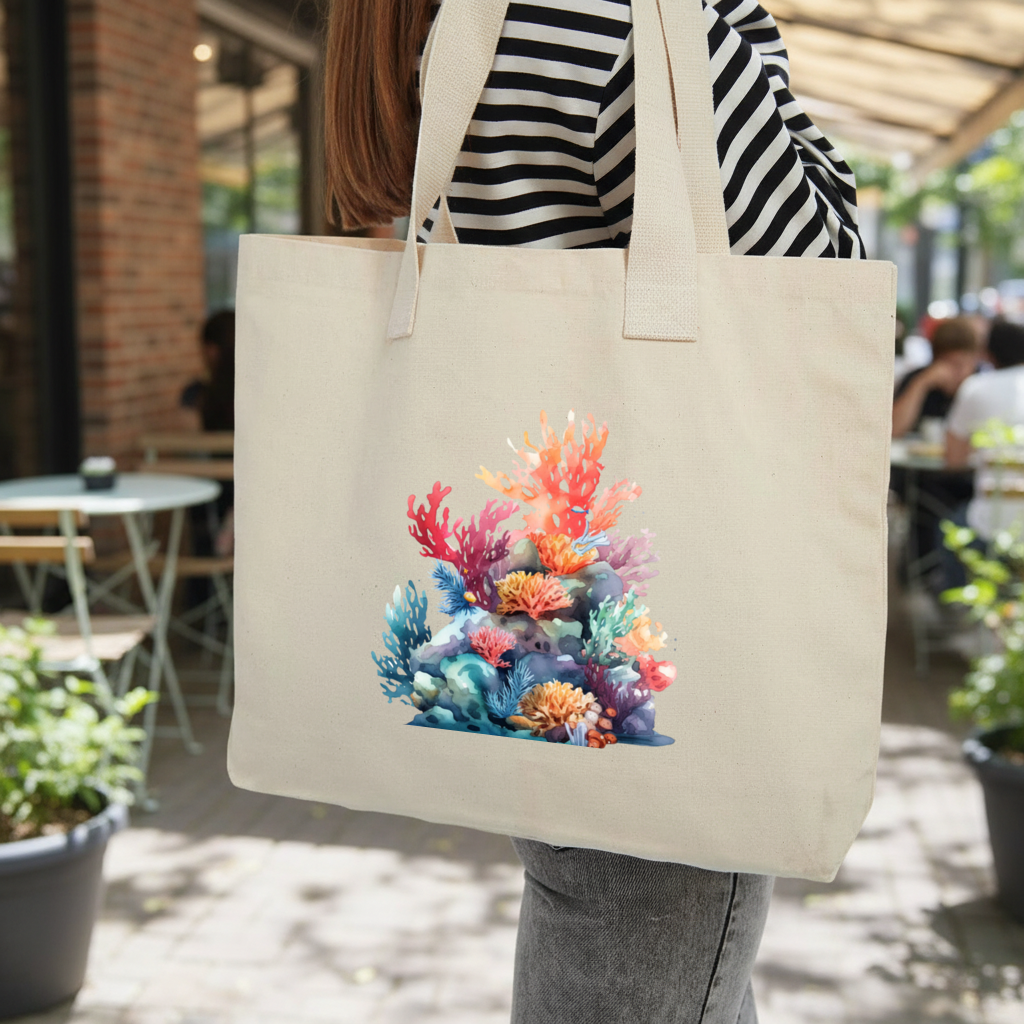 Vibrant Watercolor Coral Reef Scene Inner Pocket Tote with Webbing Handle