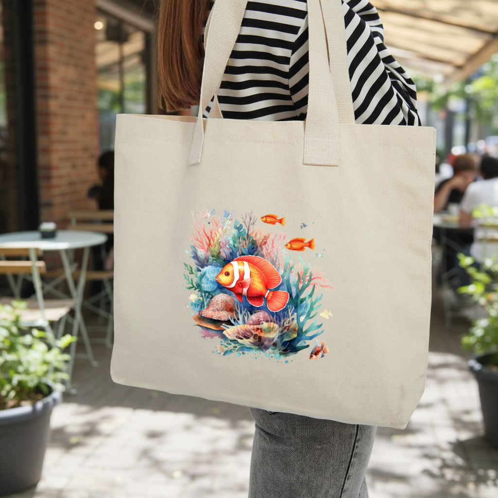 Watercolor Clownfish and Tropical Coral Reef Inner Pocket Tote with Webbing Handle
