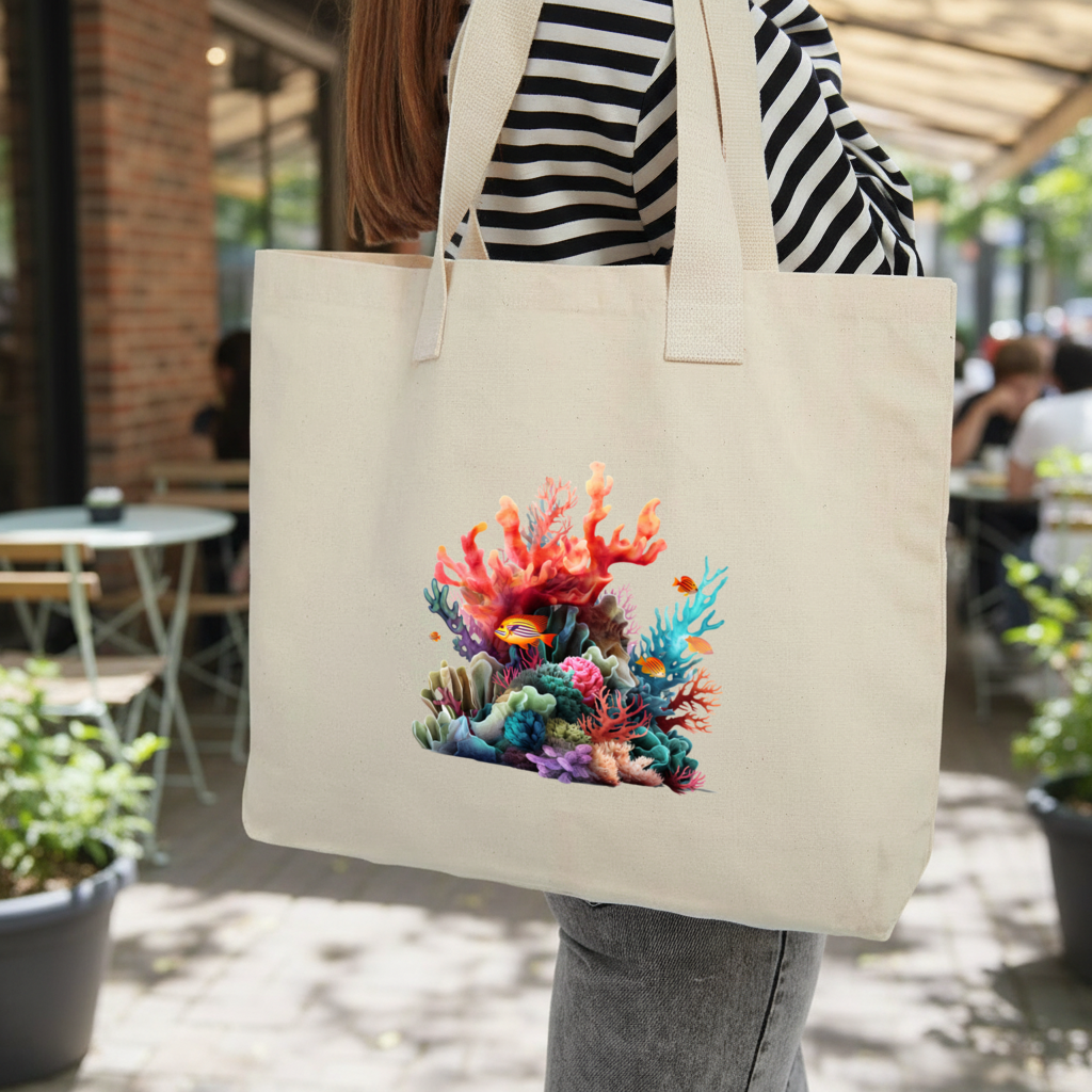 Vibrant Coral Reef and Tropical Fish Inner Pocket Tote with Webbing Handle
