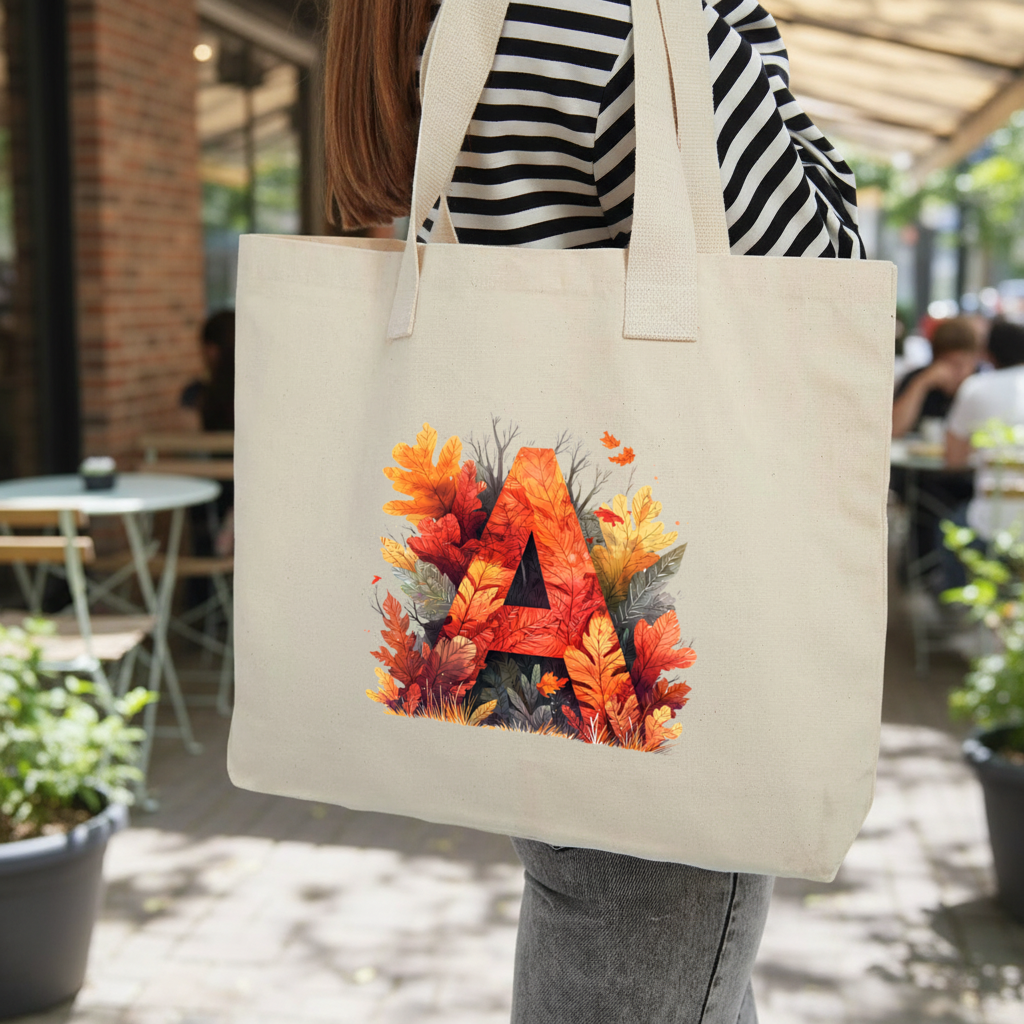 Autumn Leaf Letter A Monogram Inner Pocket Tote with Webbing Handle