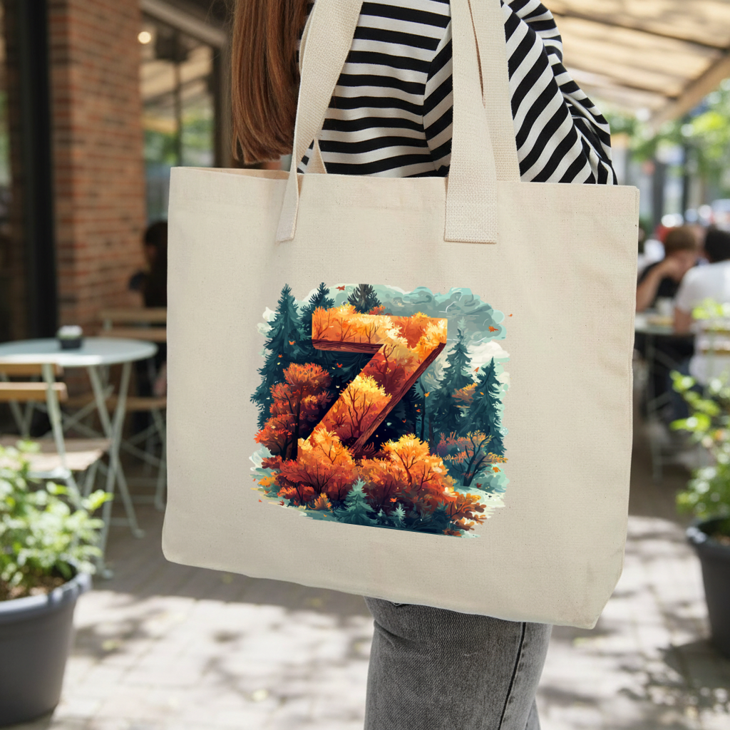 Autumn Leaf Forest Letter Z Inner Pocket Tote with Webbing Handle