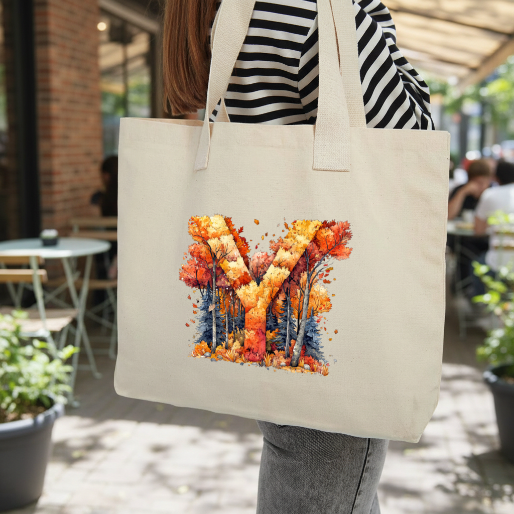 Autumn Forest Letter Y Inner Pocket Tote with Webbing Handle