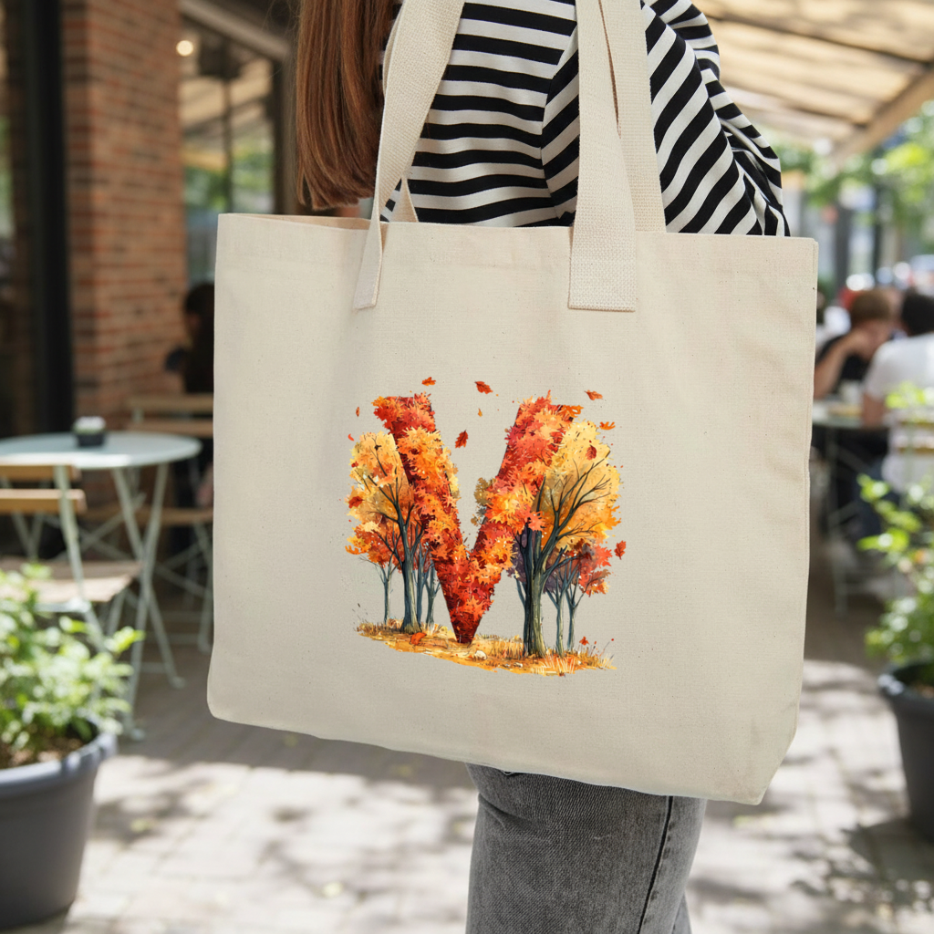 Orange Autumn Forest Letter M Inner Pocket Tote with Webbing Handle