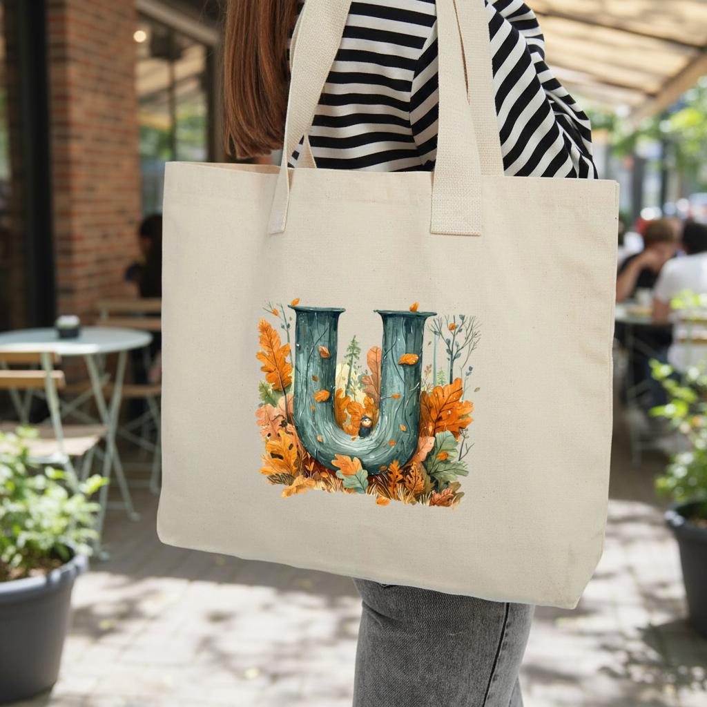 Autumn Woodland Initial Letter U Inner Pocket Tote with Webbing Handle