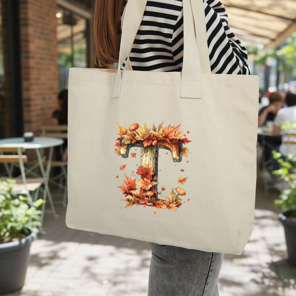 Autumn Leaf Wooden Letter T Inner Pocket Tote with Webbing Handle