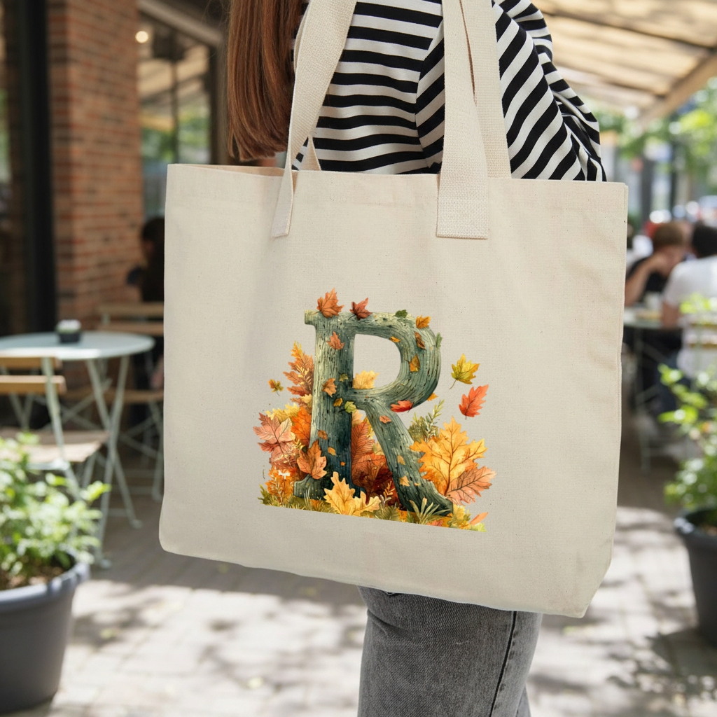 Autumn Letter R with Fall Leaves Inner Pocket Tote with Webbing Handle