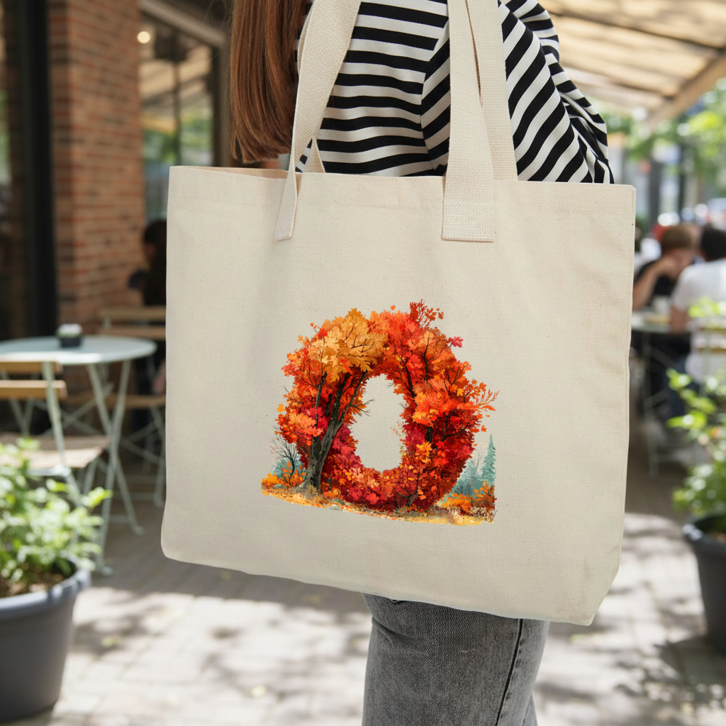 Autumn Leaf Letter O Inner Pocket Tote with Webbing Handle