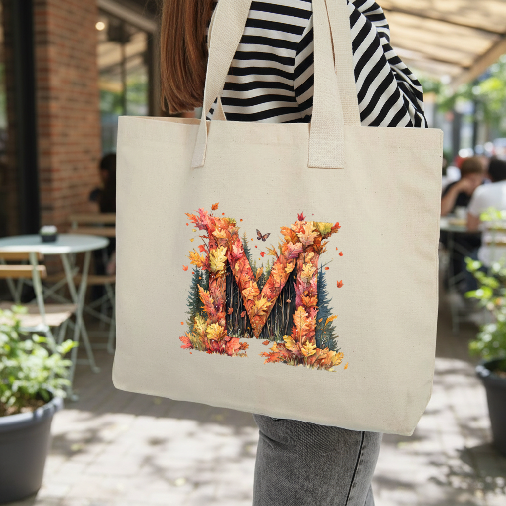 Autumn Letter M With Fall Leaves Inner Pocket Tote with Webbing Handle