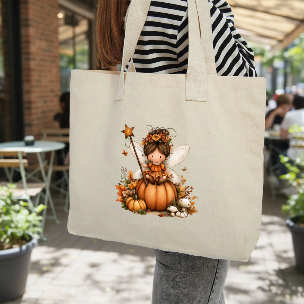 Whimsical Autumn Pumpkin Fairy Inner Pocket Tote with Webbing Handle