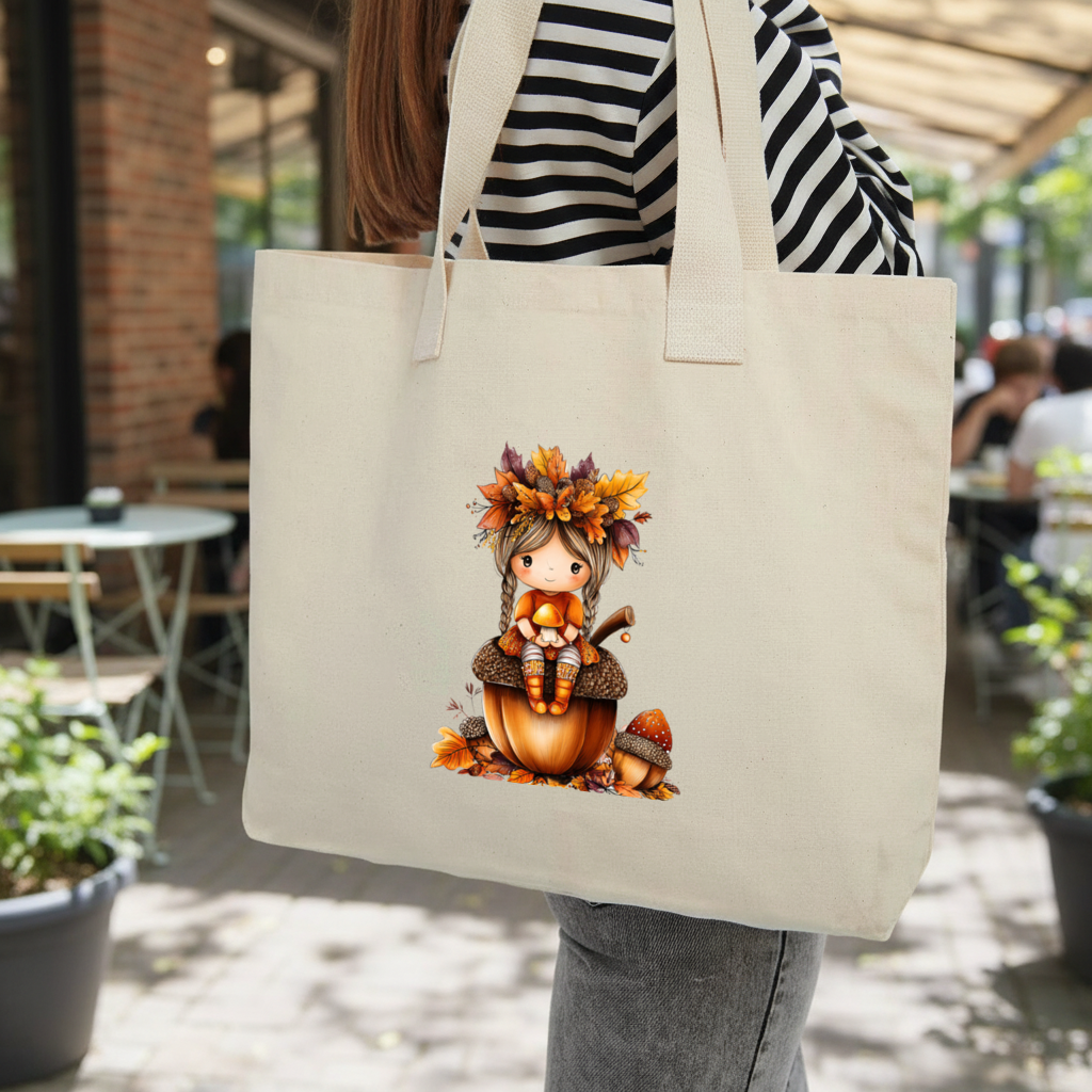 Autumn Acorn Mushroom Girl Inner Pocket Tote with Webbing Handle