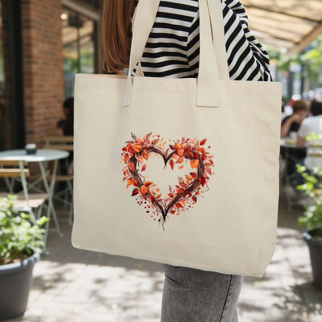 Autumn Leaves Heart Wreath Inner Pocket Tote with Webbing Handle