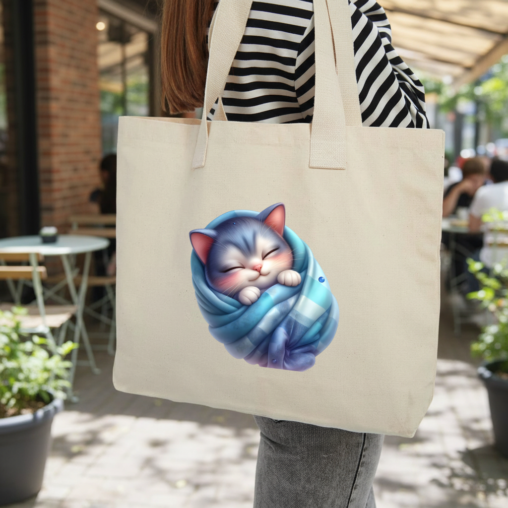 Kawaii Sleeping Kitten in Blue Swaddle Inner Pocket Tote with Webbing Handle