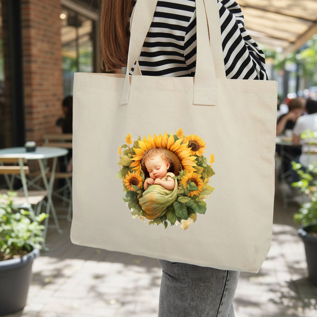 Sleeping Baby in Sunflower Inner Pocket Tote with Webbing Handle