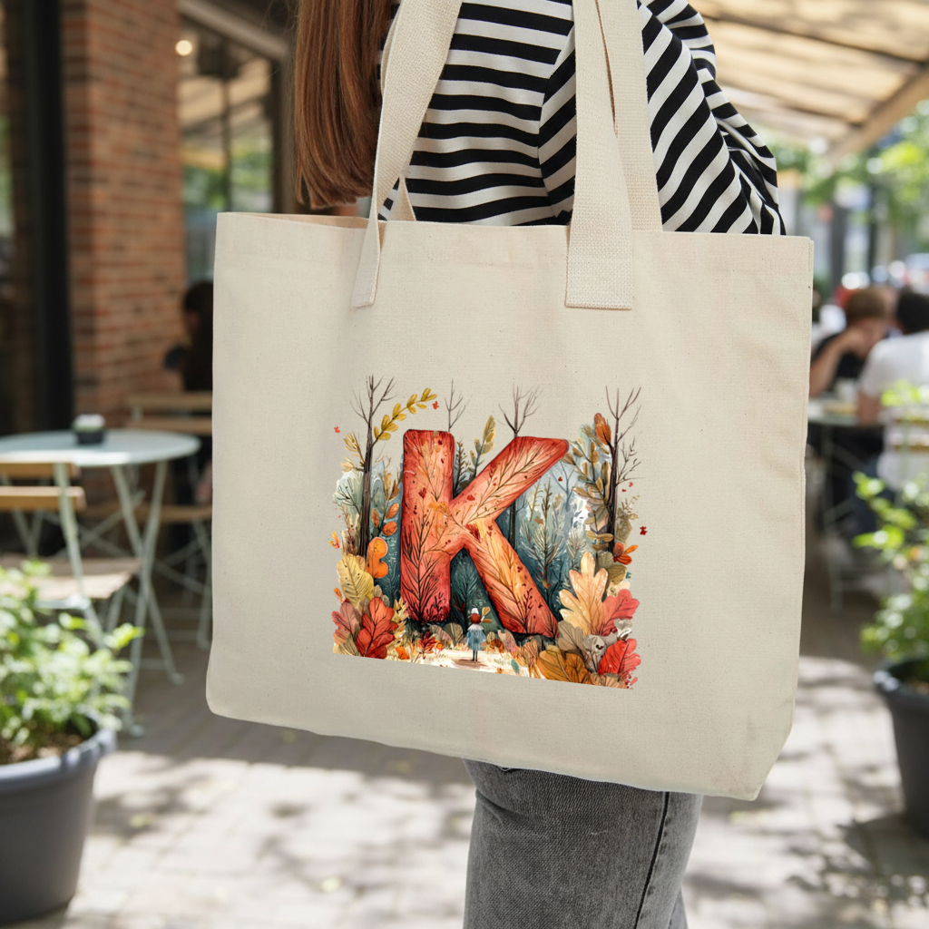 Autumn Forest Letter K Inner Pocket Tote with Webbing Handle