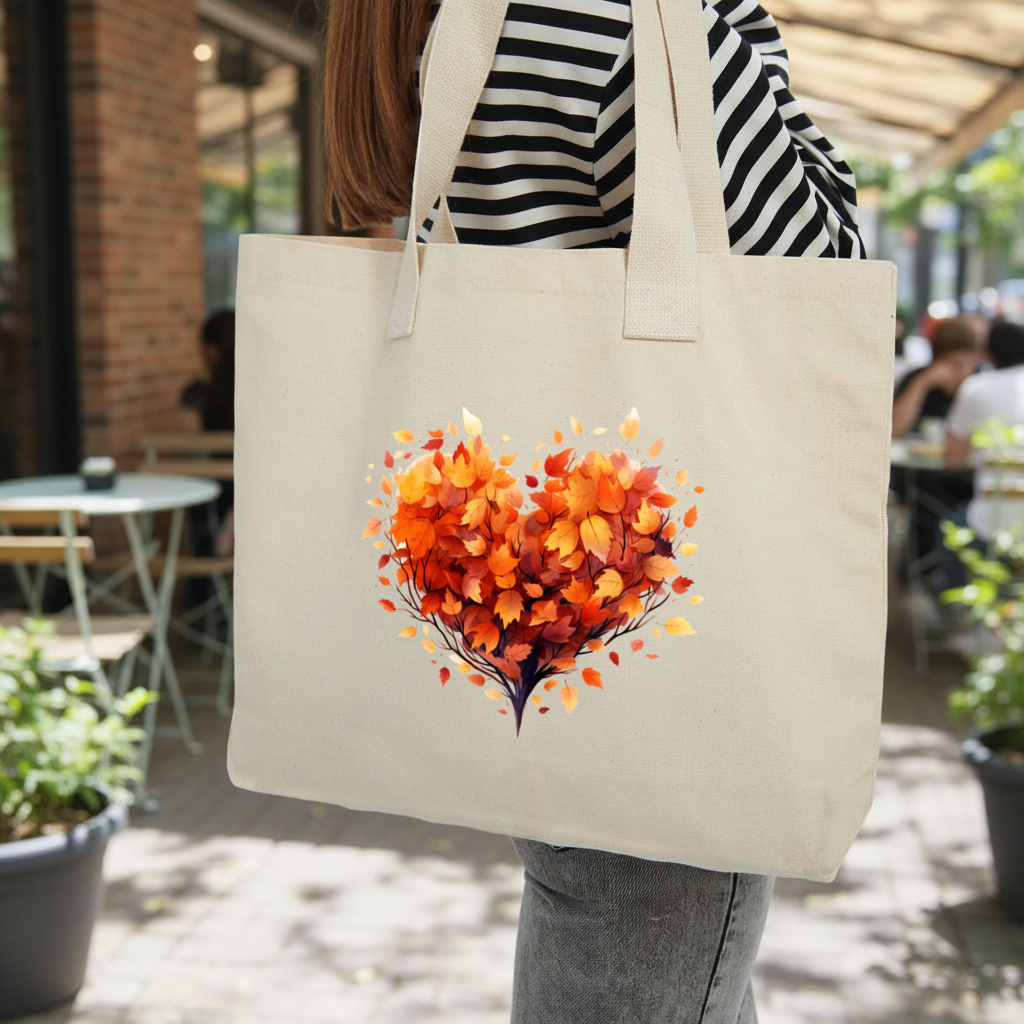 Autumn Leaf Heart Inner Pocket Tote with Webbing Handle