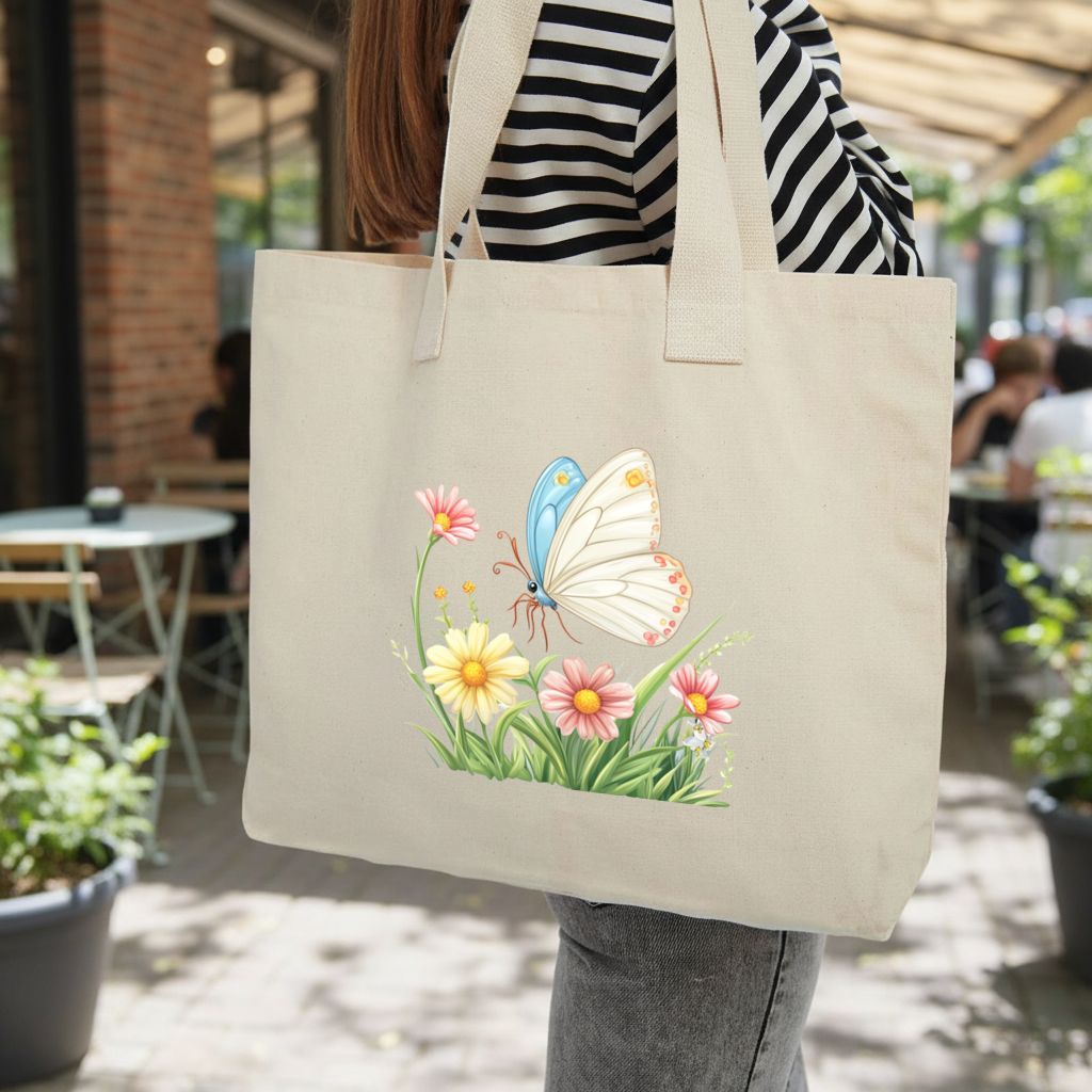 Pastel Kelebek ve Kır Çiçekleri Bahçesi Kolon Saplı İç Cepli Çanta