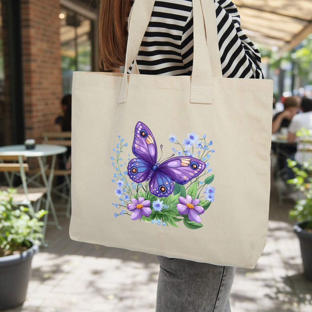 Cottagecore Purple Butterfly Floral Inner Pocket Tote with Webbing Handle