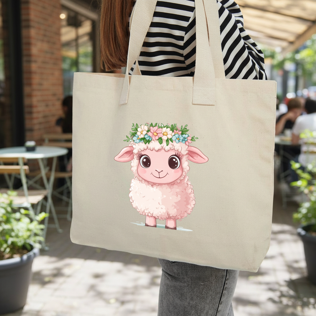 Kawaii Çiçek Taçlı Pembe Kuzu Kolon Saplı İç Cepli Çanta