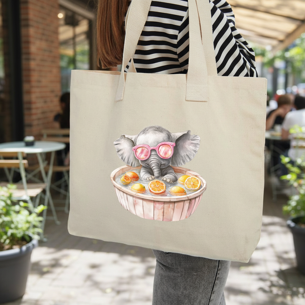 Pembe Gözlüklü Bebek Fil ve Narenciye Banyosu Kolon Saplı İç Cepli Çanta