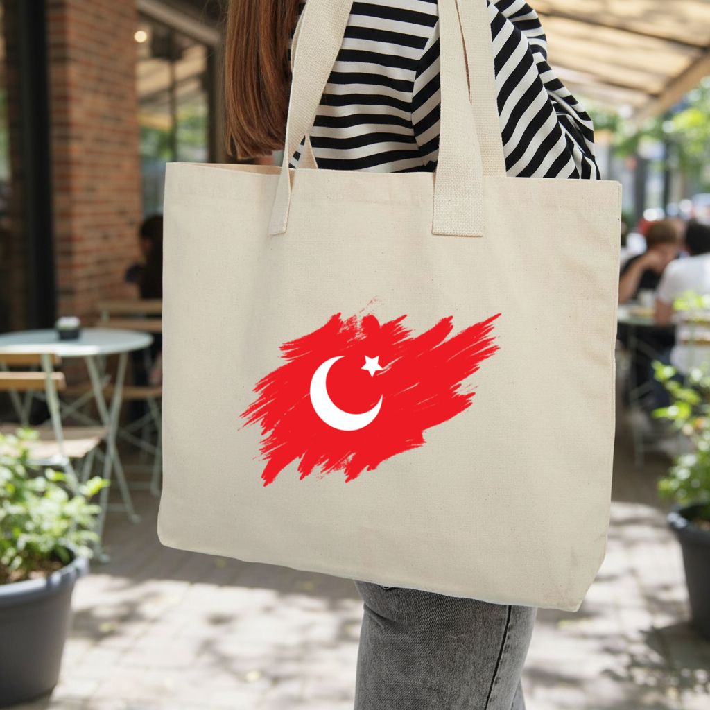 Brushstroke Turkish Flag Crescent Moon Inner Pocket Tote with Webbing Handle