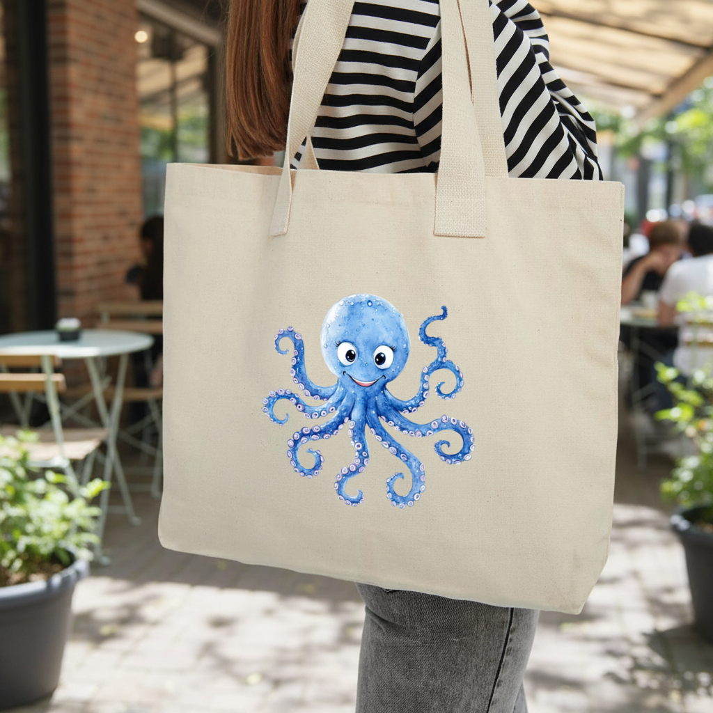 Cute Blue Watercolor Octopus Inner Pocket Tote with Webbing Handle