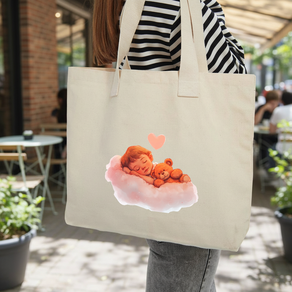 Sleeping Baby on Cloud with Teddy Bear Inner Pocket Tote with Webbing Handle