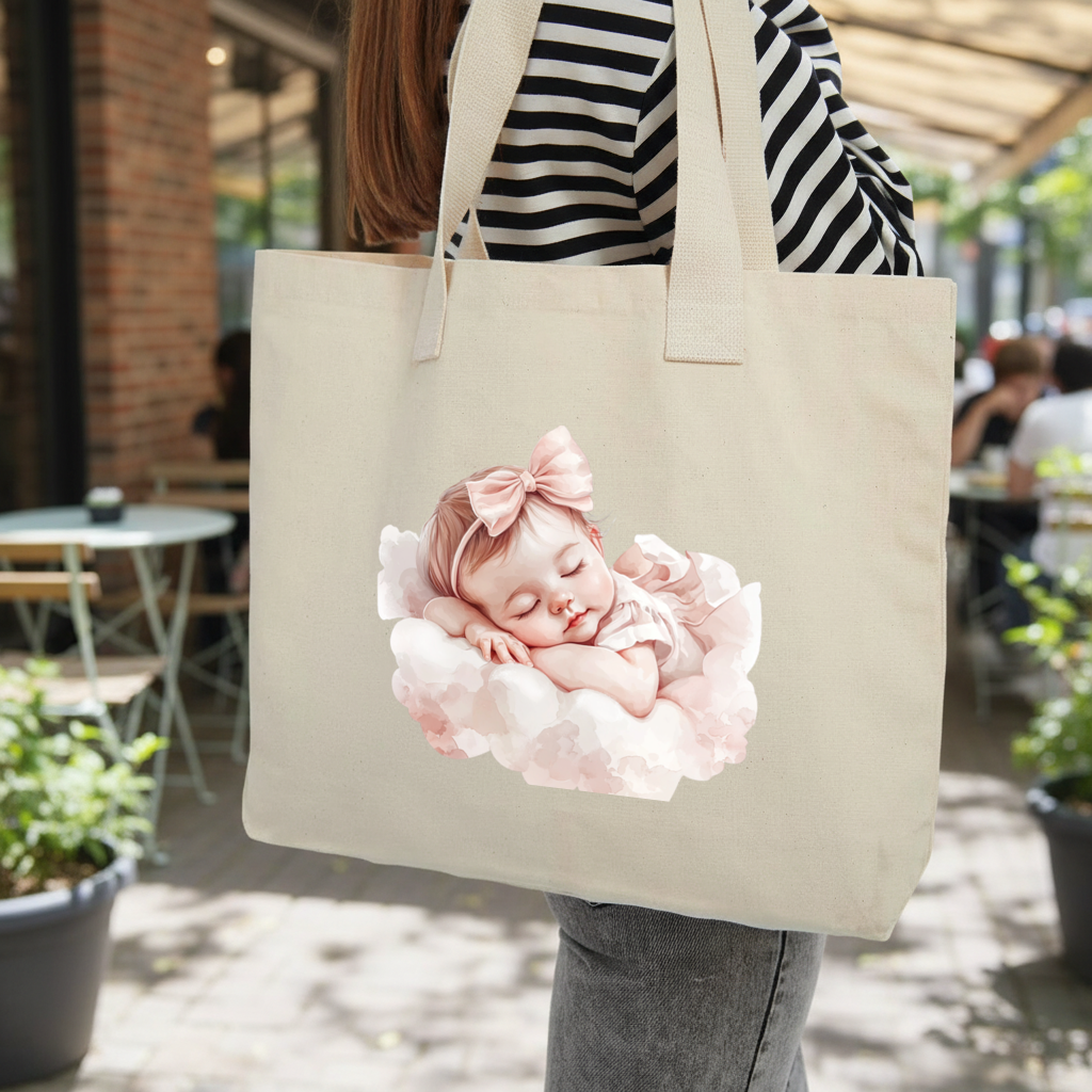 Sleeping Baby Girl with Pink Bow Inner Pocket Tote with Webbing Handle