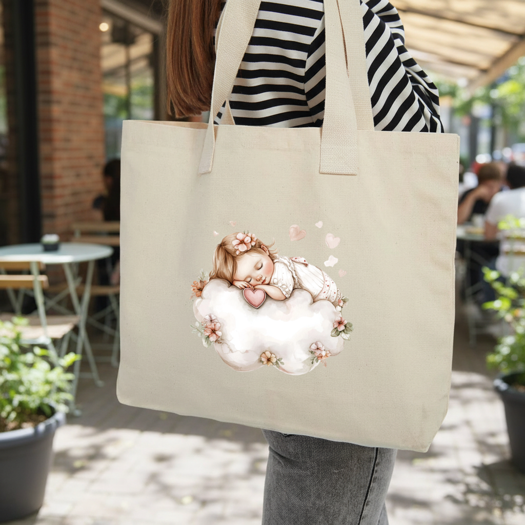 Sleeping Baby Girl on Floral Cloud Inner Pocket Tote with Webbing Handle