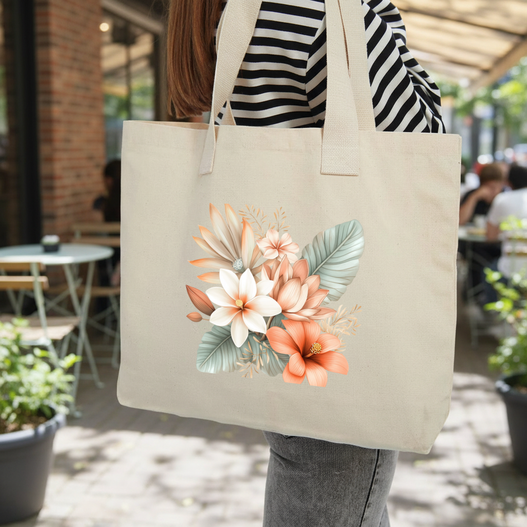 Şeftali Tonlu Tropikal Çiçek Buketi Kolon Saplı İç Cepli Çanta