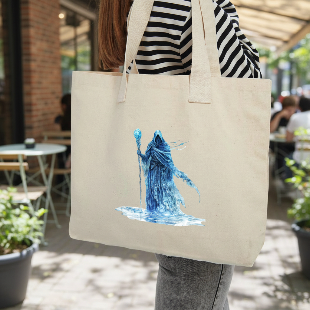 Blue Frost Mage Hooded Wizard Staff Inner Pocket Tote with Webbing Handle