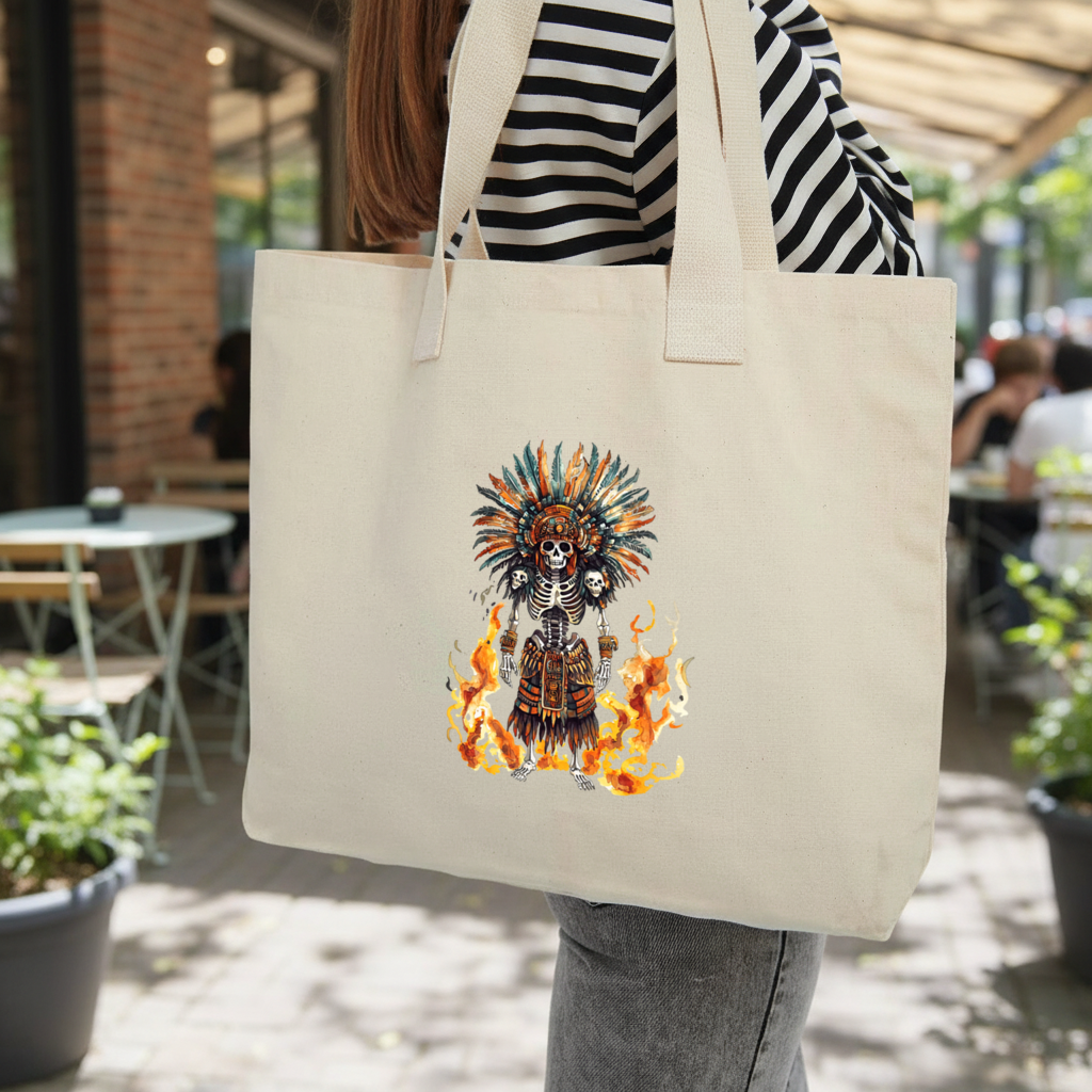 Aztec Skeleton Warrior Inner Pocket Tote with Webbing Handle