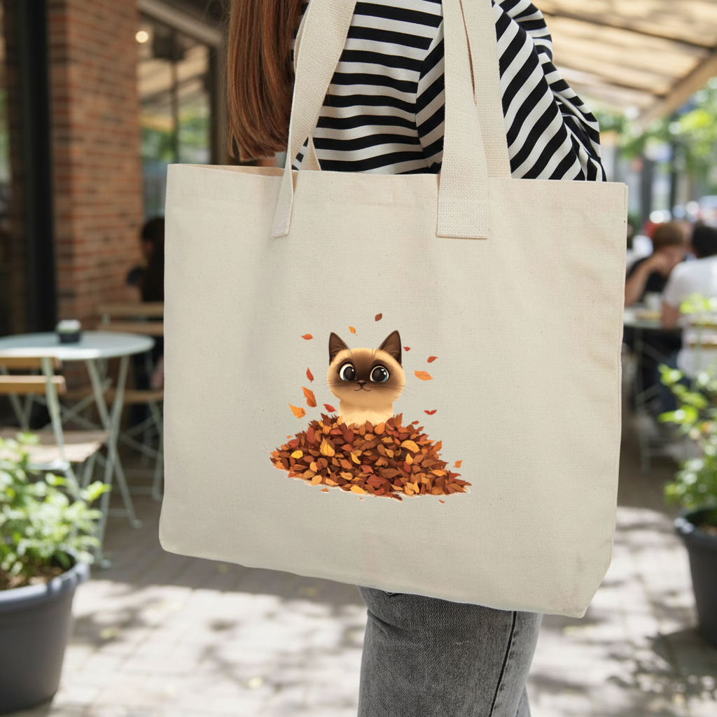 Siamese Cat in Autumn Leaf Pile Inner Pocket Tote with Webbing Handle