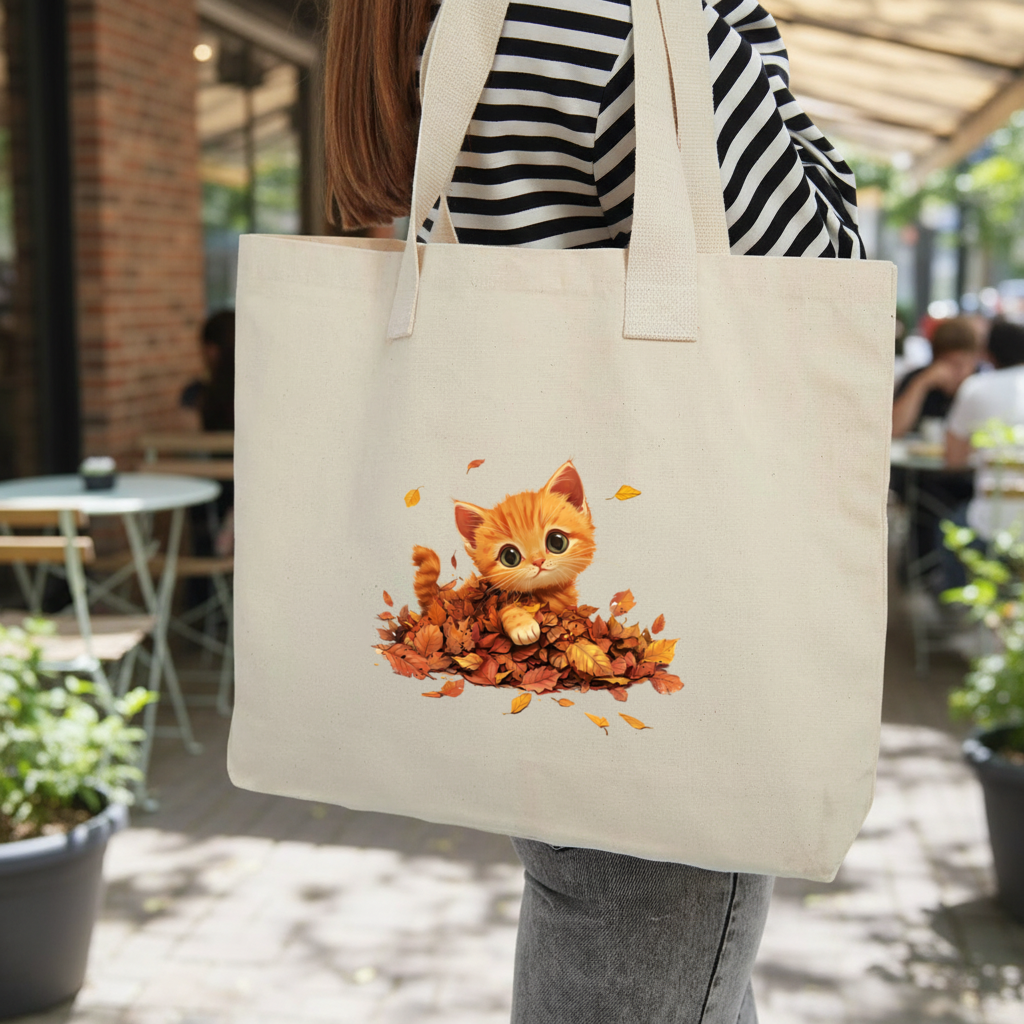 Ginger Kitten in Autumn Leaves Inner Pocket Tote with Webbing Handle
