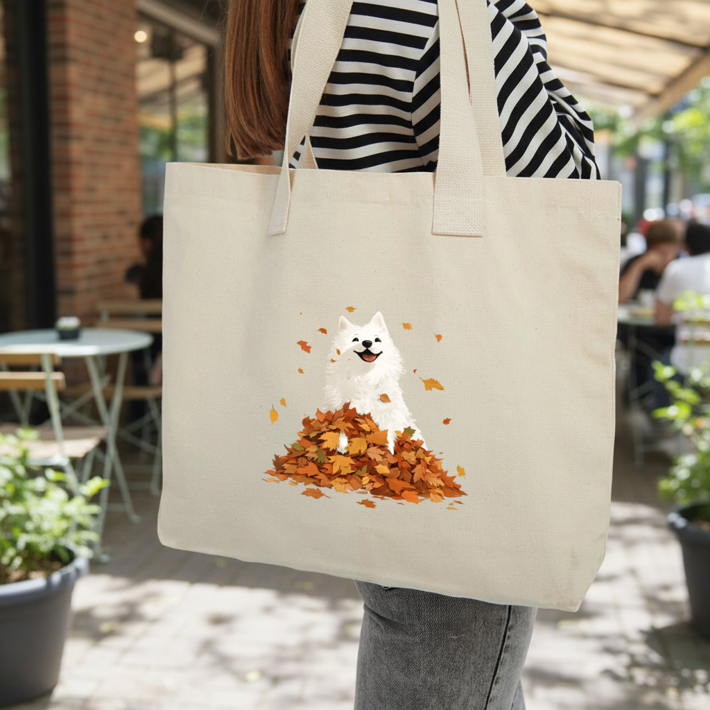 Happy White Dog in Autumn Leaves 