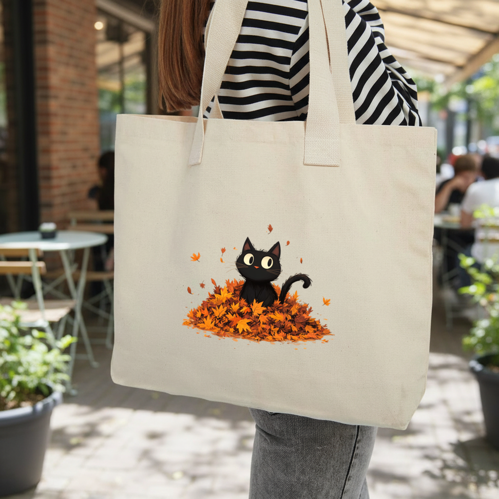 Sonbahar Yapraklarında Sevimli Siyah Kedi Kolon Saplı İç Cepli Çanta