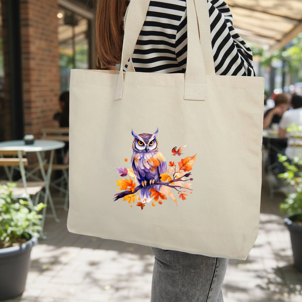 Whimsical Autumn Owl and Butterfly Inner Pocket Tote with Webbing Handle