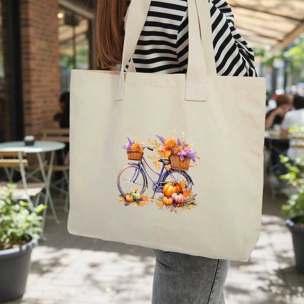 Lavender Autumn Bicycle with Pumpkins Inner Pocket Tote with Webbing Handle
