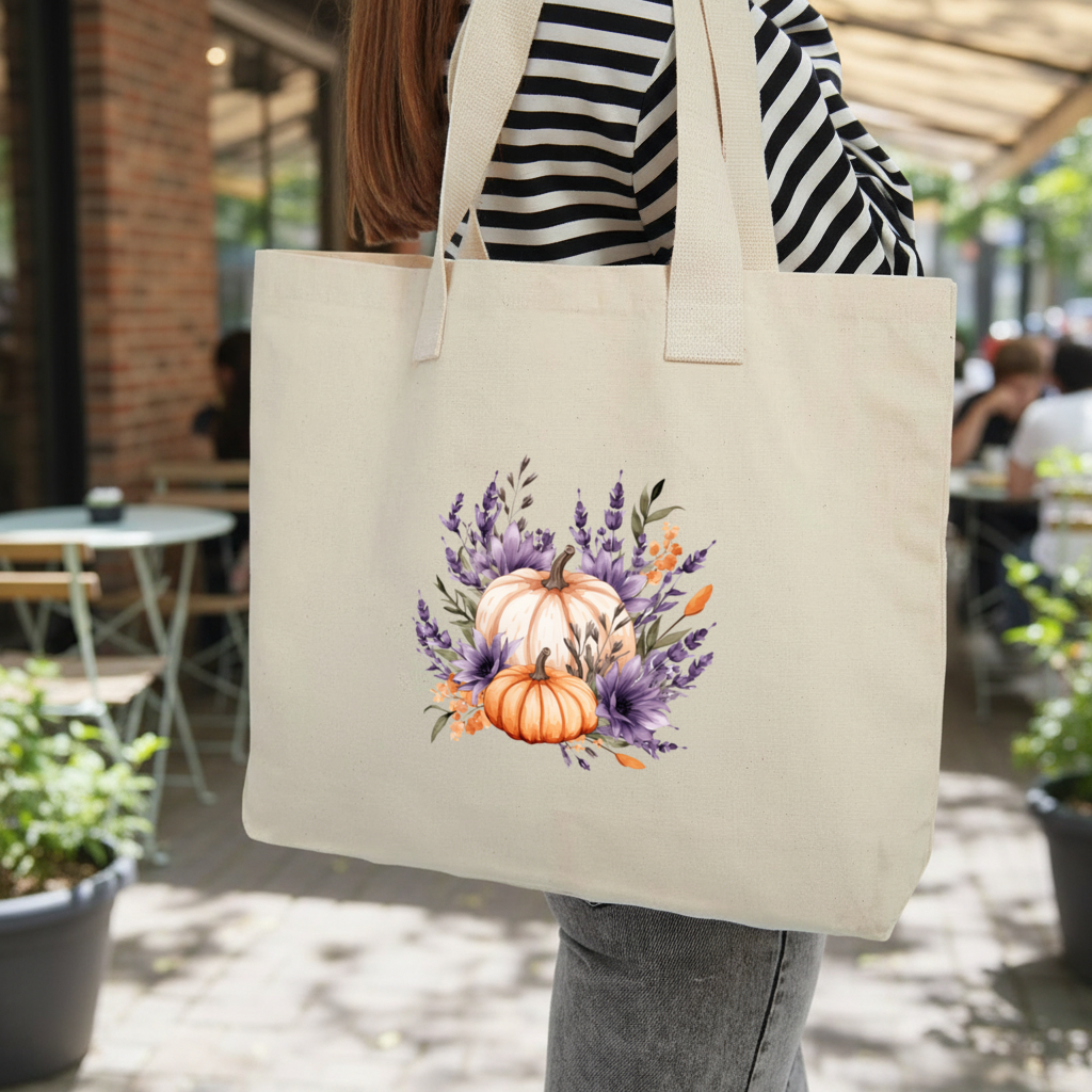 Lavender and Pumpkin Autumn Bouquet Inner Pocket Tote with Webbing Handle
