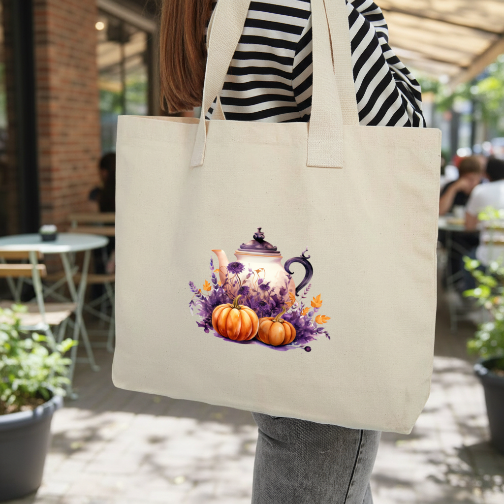 Vintage Purple Floral Pumpkin Teapot Inner Pocket Tote with Webbing Handle