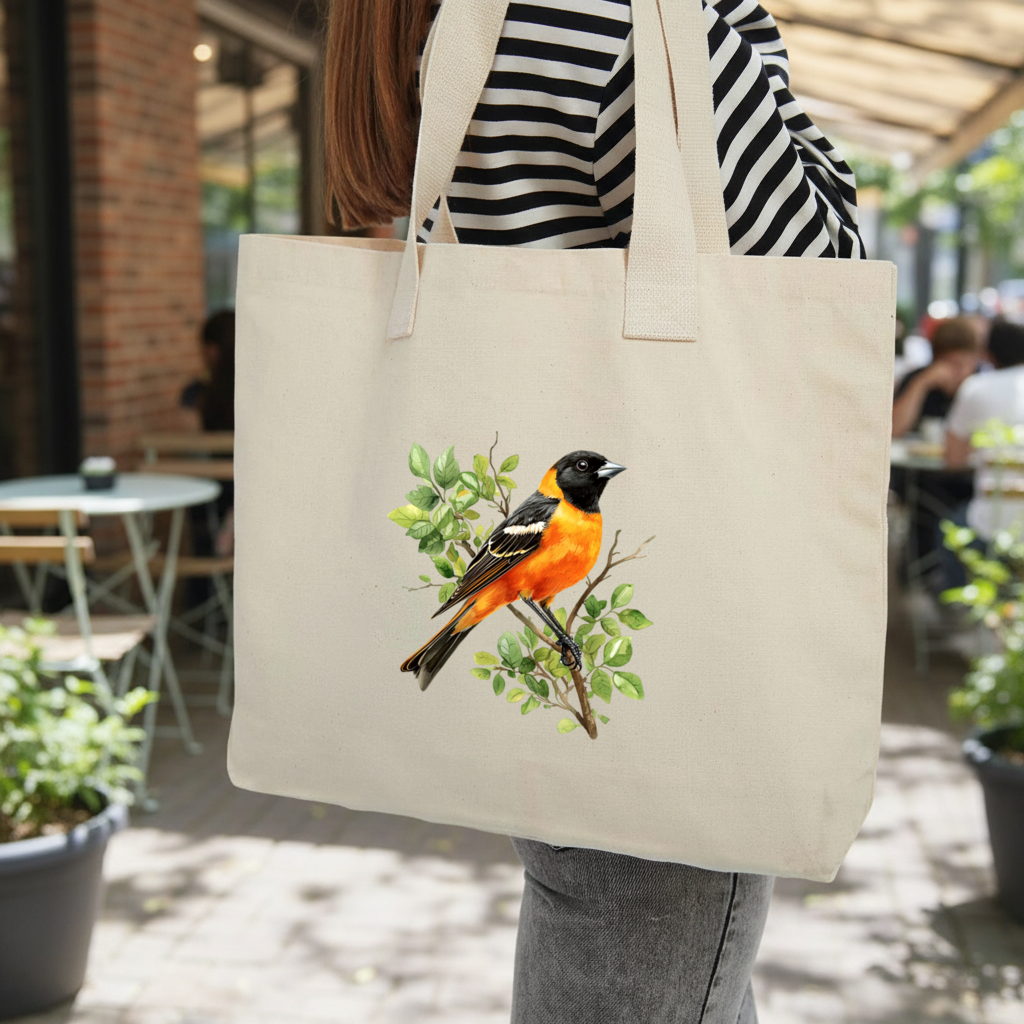 Baltimore Oriole on Branch Inner Pocket Tote with Webbing Handle