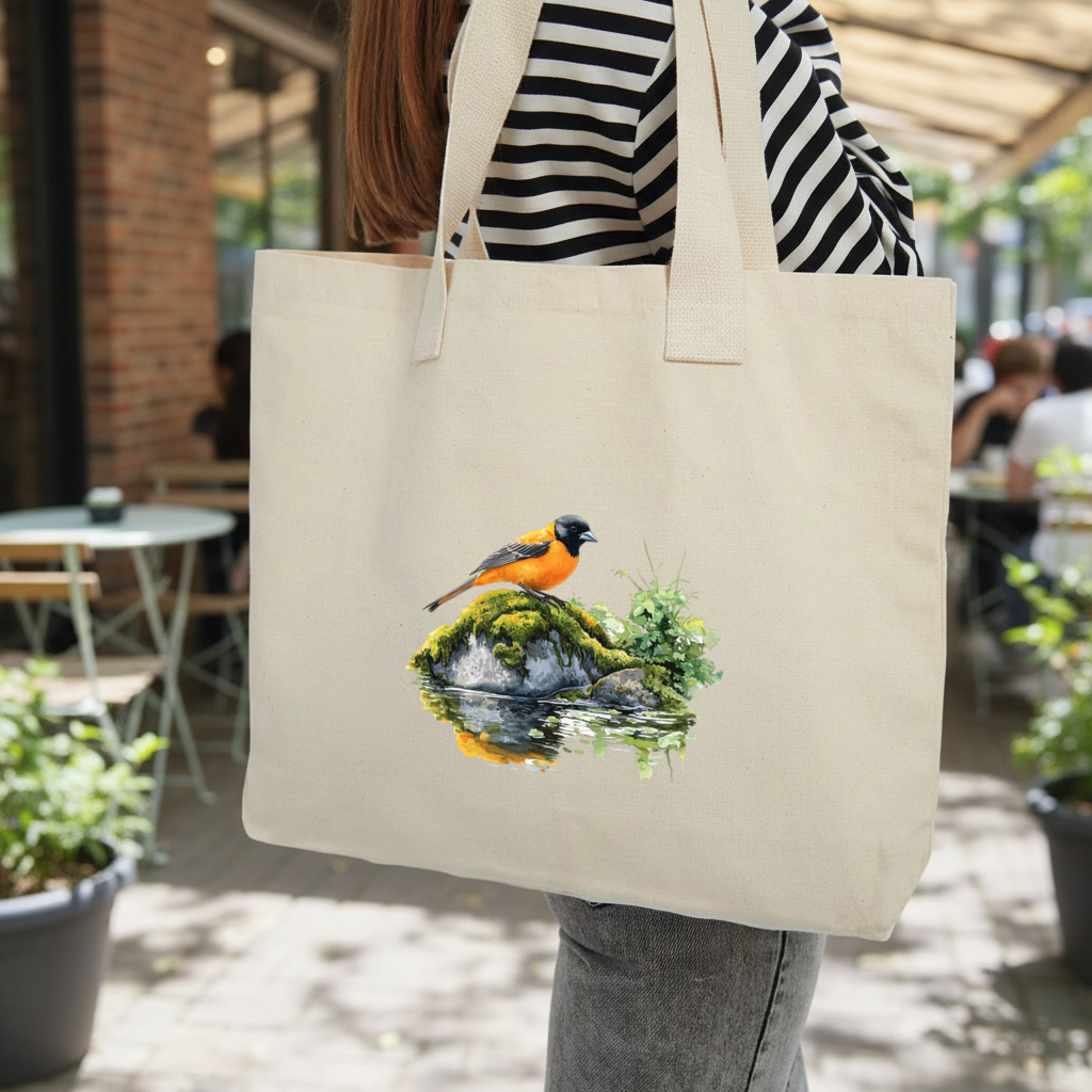 Orange Baltimore Oriole Bird Inner Pocket Tote with Webbing Handle