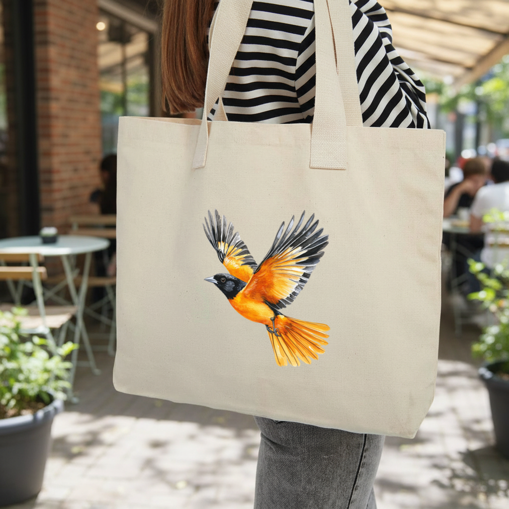 Watercolor Baltimore Oriole Inner Pocket Tote with Webbing Handle
